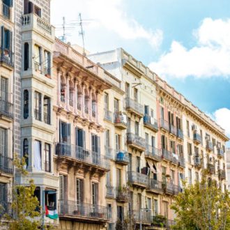 Facade of old apartment buildings in el Borne, Barcelona, Catalonia, Spain, Europe